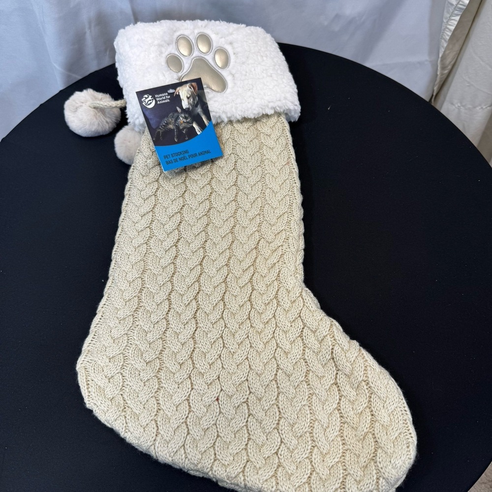 The Humane Society Beige White Paw Print Cable Knit Christmas Stocking 18" NWT